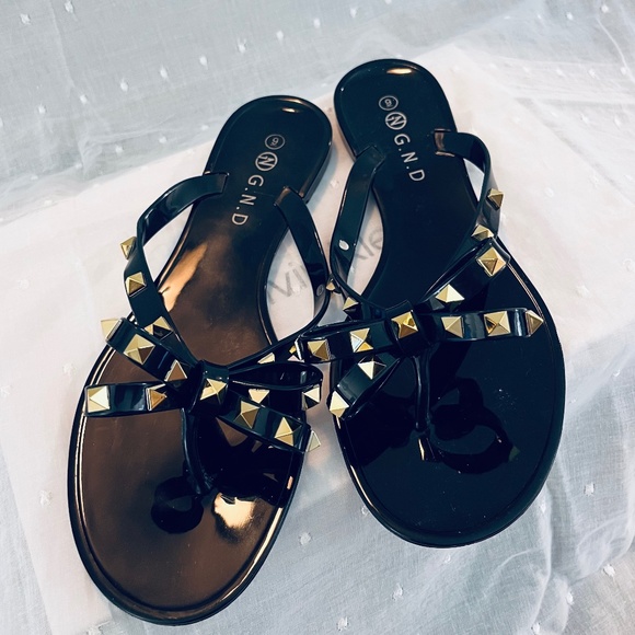 Studded Black Flip Flops - Picture 1 of 2